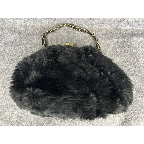Bueno Clutch Purse Womens Black Faux Fur Kiss Lock Frame Chain Evening Mini Bag - Picture 1 of 5